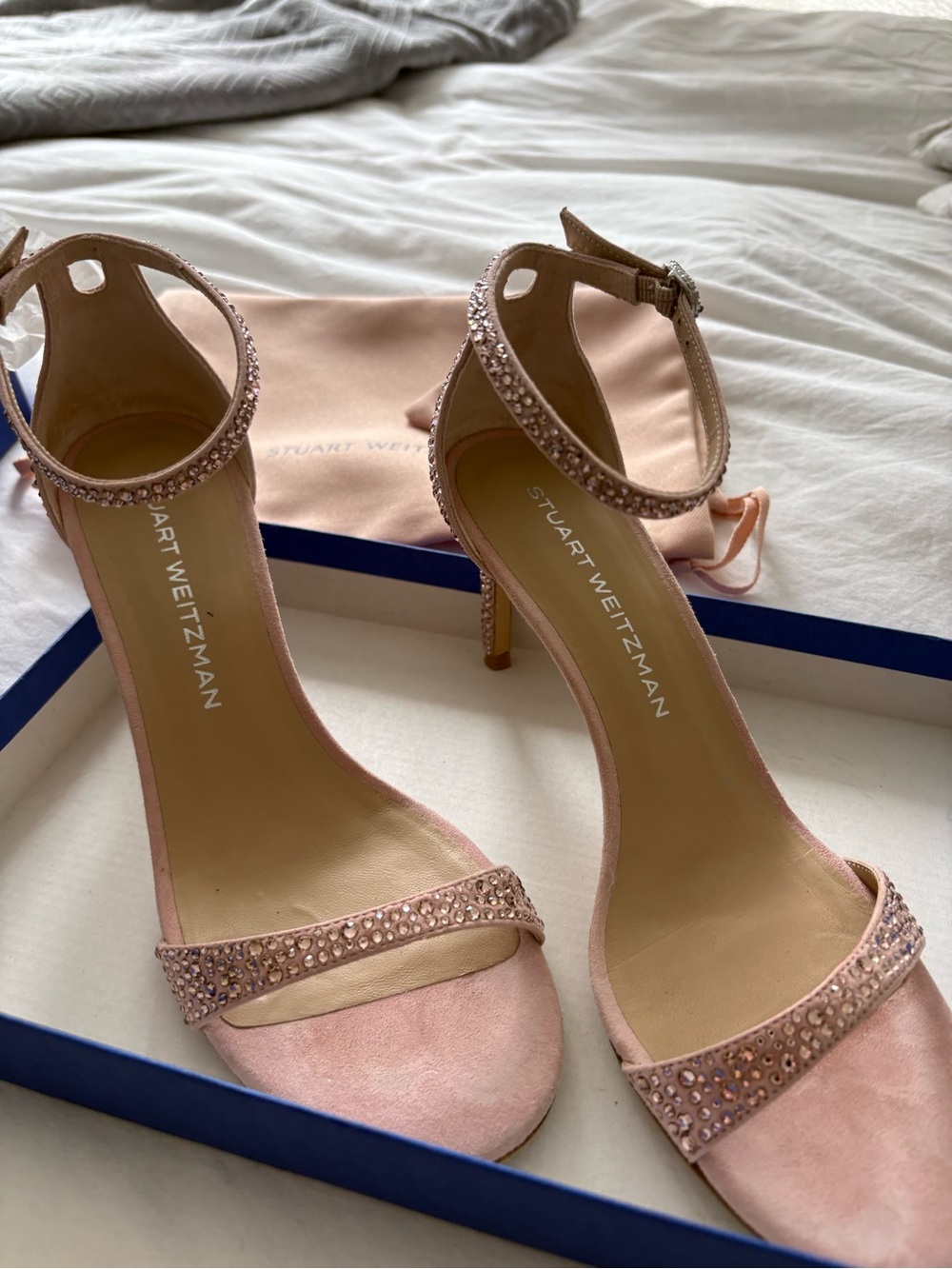 Stuart Weitzman Blush Pink Crystal Ankle-Strap Heels